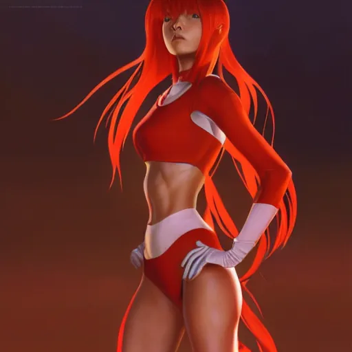 Prompt: asuka langley soryu, centered full body pose, zenith angle, shadowy area, dramatic lighting, concept art, digital painting, Unreal Engine 5, 8K, art by artgerm and Greg Rutkowski and Alphonse Mucha