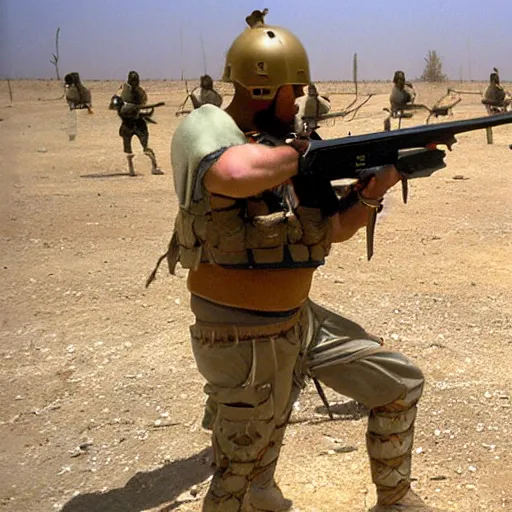 Prompt: roman legions shooting with rifles in iraq ( 2 0 0 3 )