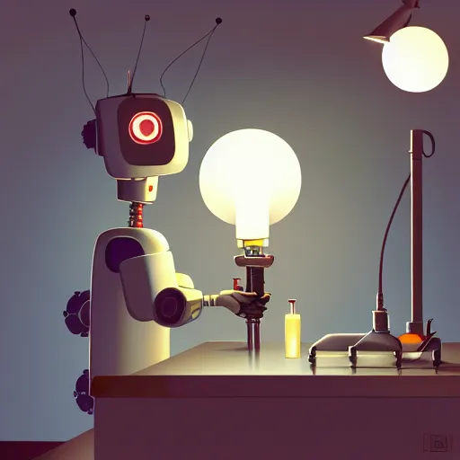 Image similar to goro fujita ilustration a science laboratory, tools for science research, scientist highly detailed working on a robot, small streaks of light from a lamp, painting by goro fujita, sharp focus, highly detailed, artstation