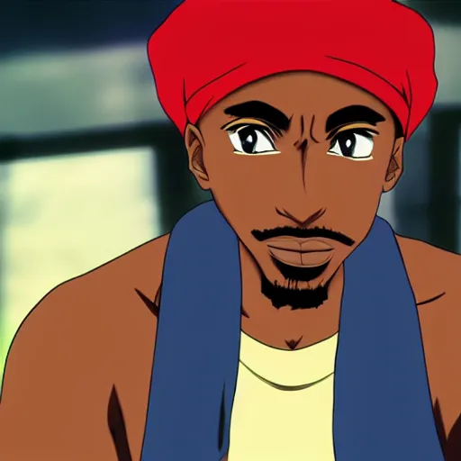 Image similar to Tupac Shakur, screenshot from a 2009s anime, anime style,