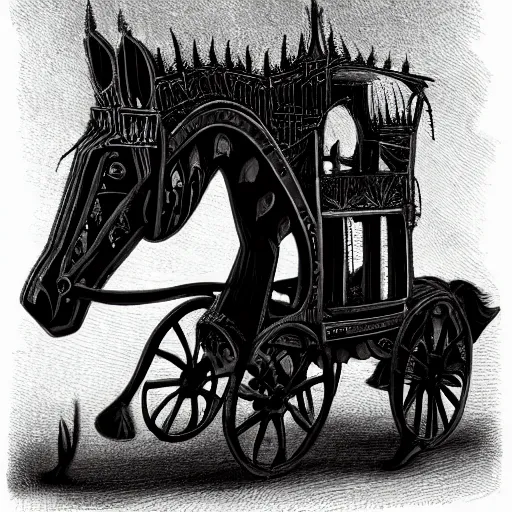 Prompt: a gothic horse - drawn carriage in the style of giger