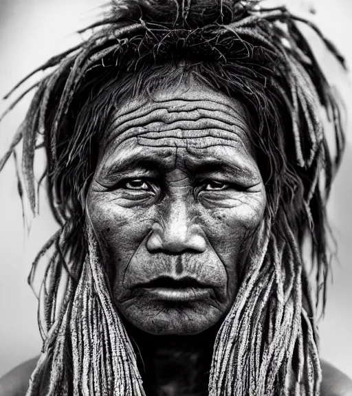 Image similar to Award winning reportage photo of Tuvalu Natives with incredible hair and beautiful hyper-detailed eyes wearing traditional garb by Lee Jeffries, 85mm ND 5, perfect lighting, gelatin silver process