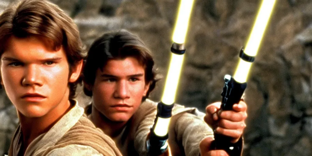 Image similar to A full color still from a film of a teenage Han Solo as a Jedi padawan holding a lightsaber hilt, from The Phantom Menace, directed by Steven Spielberg, 35mm 1990