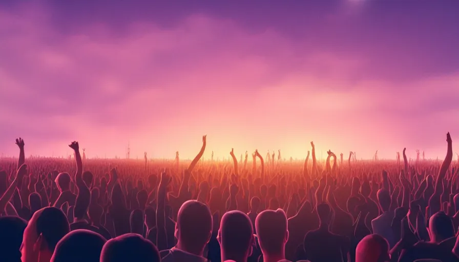 Image similar to digital art of a panicked crowd pointing!! towards a glowing sky, raising their arms, volumetric lighting, nasty, hyperdetailed, realistic