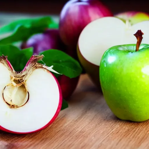 Image similar to scale with one apple in one side and one onion in the other