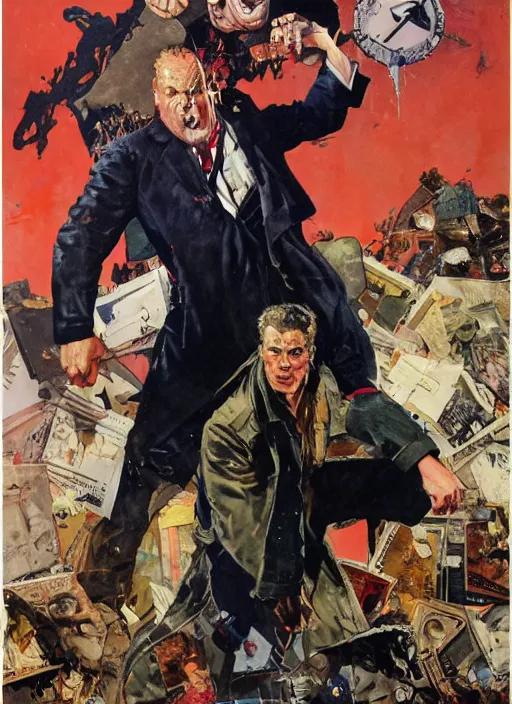 Image similar to full body and head portrait of huge markus ruhl in tattered suit and trench coat, dynamic action, painted by norman rockwell and phil hale and greg staples and tom lovell and frank schoonover and jack kirby