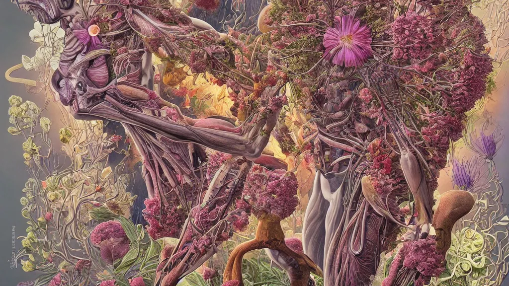 Image similar to highly detailed illustration of a human anatomy body exploded by all the known species of flowers by juan gatti, by moebius!!,, by oliver vernon, by joseph moncada, by damon soule, by manabu ikeda, by kyle hotz, by dan mumford, by kilian eng