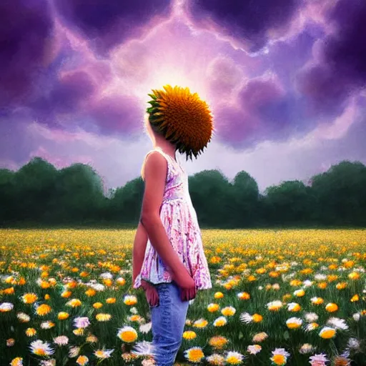 Image similar to head made of giant daisies, girl standing barefoot in a flower field, arms out stretched, surreal photography, sunrise dramatic light, impressionist painting, colorful clouds, large sky, digital painting, artstation, simon stalenhag, flower face