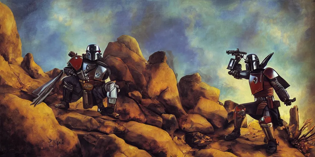Prompt: 'Mando' Mandalorian dance portrait on a rocky outcrop with a small bonfire next to their spacer transport, refined, dignified, by rembrandt, by don bluth, bright natural light, saturated colors