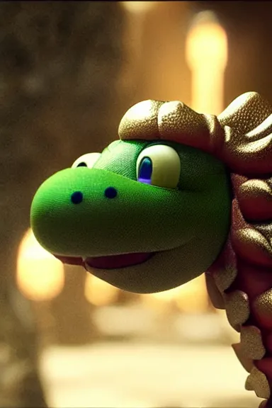 Image similar to very very intricate photorealistic photo of a realistic version of yoshi in an episode of game of thrones, photo is in focus with detailed atmospheric lighting, award - winning details