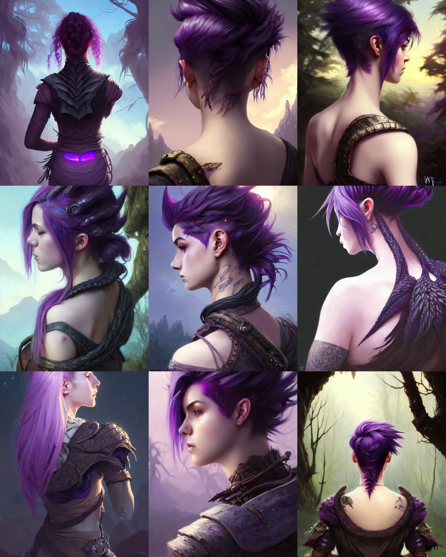 Prompt: back portrait rugged girl, adventurer outfit, fantasy forest landscape, dragon scales, fantasy magic, undercut hairstyle, short purple black fade hair, dark light night, intricate, elegant, sharp focus, illustration, highly detailed, digital painting, concept art, matte, art by WLOP and Artgerm and Greg Rutkowski and Alphonse Mucha, masterpiece