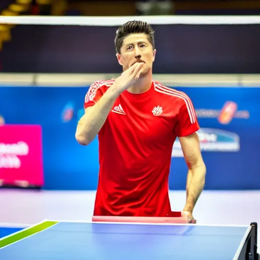 Prompt: Robert Lewandowski playing table tennis on a tournament, table tennis racquet in his hand, high quality news photography