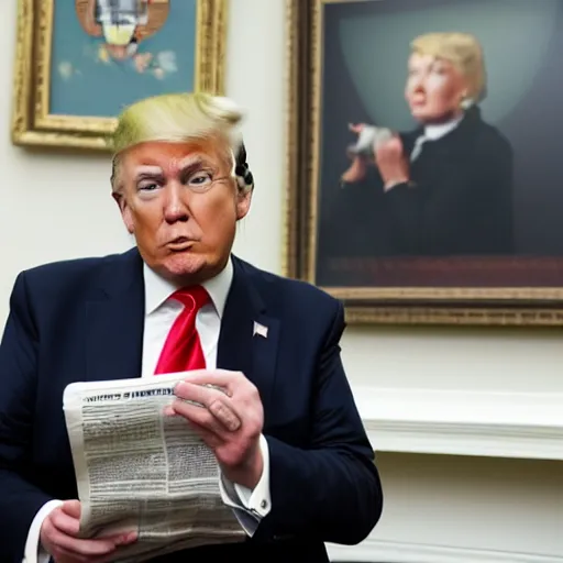 Prompt: portrait of donald trump reading a newspaper at the white house