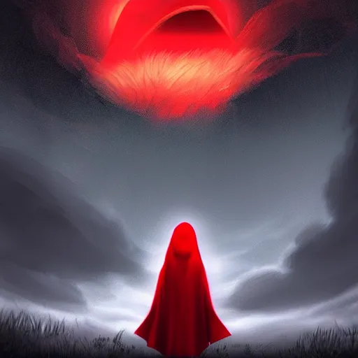 Prompt: a red cloaked being with a face of the stars sits looking at the camera, the scenery is beautiful and eerie, artstation, artistic, stylized