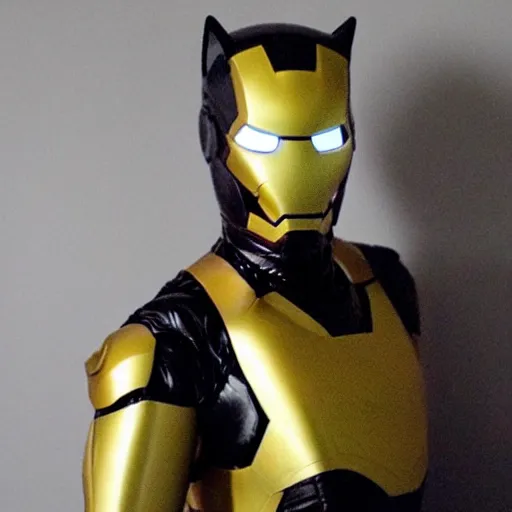 Image similar to cat in black and gold iron man suit