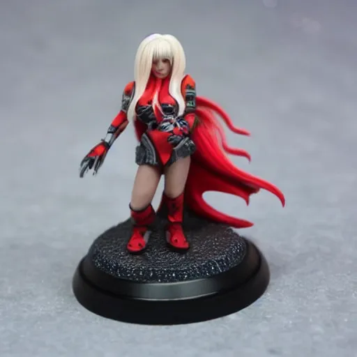 Prompt: scifi fantasy christina aguilera platinum blonde on top with red extensions underneath, come on over baby music video. games workshop mini. d & d ttrpg warhammer 4 0 k mini. 2 8 mm heroic scale, round base with custom terrain. r / paintedminis osl nmm zenithal priming citadel colour paints.