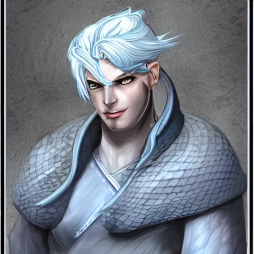 Image similar to a fantasy character with white hair. he looks like a snake.