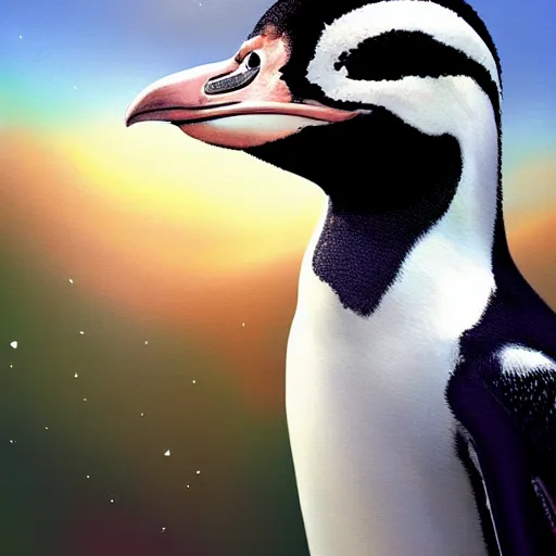 Prompt: african penguin close shot, cute, fantasy painting, concept art, global illumination, tankoban, 4 k, fantasy painting, hyper detailed, pixar animation style, 8 k, studio light, award winning, by artgerm, sylvain sarrailh, rossdraws, wlop, very beautiful