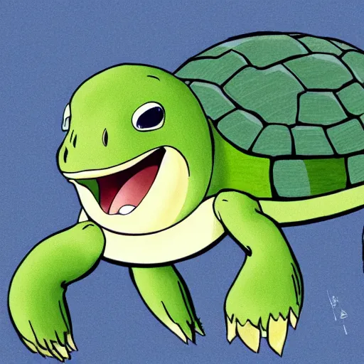 Image similar to portrait of an excited turtle, hayao miyazaki, cartoon, anime, sharp, focus, illustration