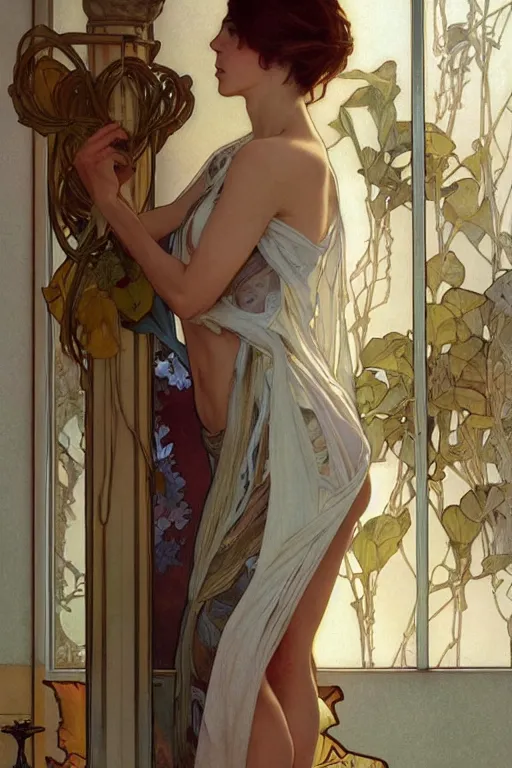 Image similar to full body portrait of a single beautiful young fit woman, modern haircut, fashionable, bare feet, by greg rutkowski and alphonse mucha, d & d character, in front of a modern room background, highly detailed portrait, digital painting, artstation, concept art, smooth, sharp focus illustration, artstation hq