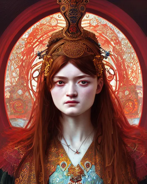 Image similar to portrait of a turkish masculine female sadie sink cyberpunk machine, machine face, upper half portrait, decorated with ottoman opera motifs, muscular, asian, fine china, wuxia, traditional chinese art, intricate intense elegant, highly detailed symmetry headpiece digital painting artstation concept art smooth sharp focus illustration, art by artgerm and greg rutkowski alphonse mucha 8 k