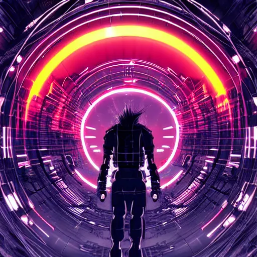 Image similar to Perfect circle portal leading to a vast neon cyberpunk Tokyo in style of Tsutomu Nihei. Cyberpunk, vertical symmetry, 8K, Highly Detailed, Intricate, Vivid.