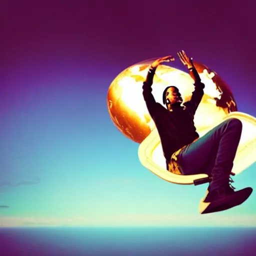 Image similar to Travis Scott sitting on a chair floating over Earth, 4k, Aubrey Powell, vintage photo, lens flare, beautiful cinematography, surreal, film grain