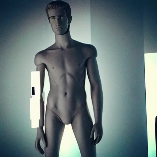 Prompt: “ a realistic detailed photo of a guy who is an attractive humanoid who is half robot and half humanoid, who is a male android, actor liam hemsworth, shiny skin, posing like a statue, blank stare, at the museum, on display ”