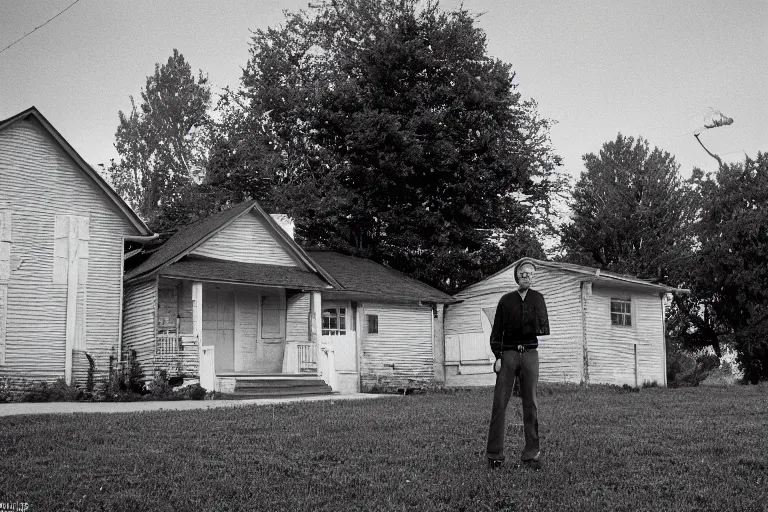 Prompt: cinematic film still from 1994 film: Farkas Bulkmeier standing near a house. XF IQ4, f/1.4, ISO 200, 1/160s, 8K, RAW, dramatic lighting, symmetrical balance, in-frame