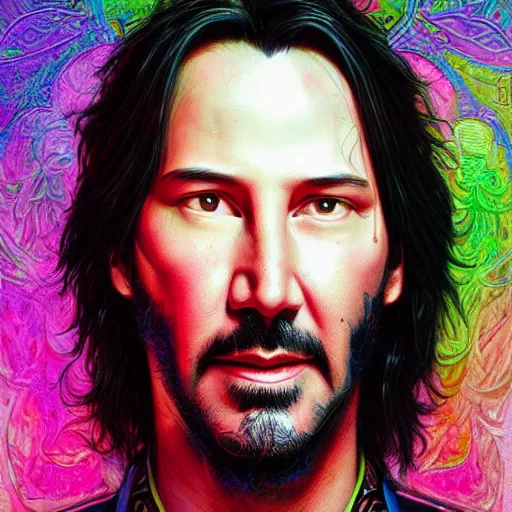 Image similar to portrait of keanu reeves, hyper detailed masterpiece, neon floral pattern, jean giraud, digital art painting, darkwave goth aesthetic, psychedelic, artgerm, donato giancola and tom bagshaw