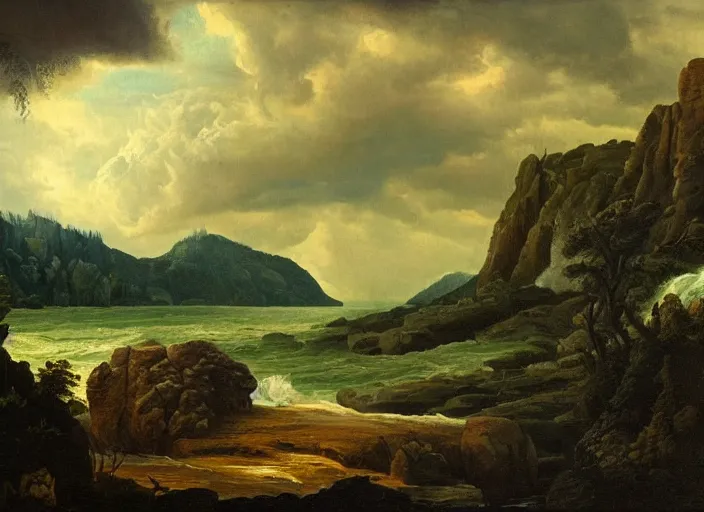 Image similar to a scene of the devonian era, with extinct plants and vast oceans and mountains. a dark sky is looming above. very far away thunder storms are visible. in the style of hudson river school of art, oil on canvas