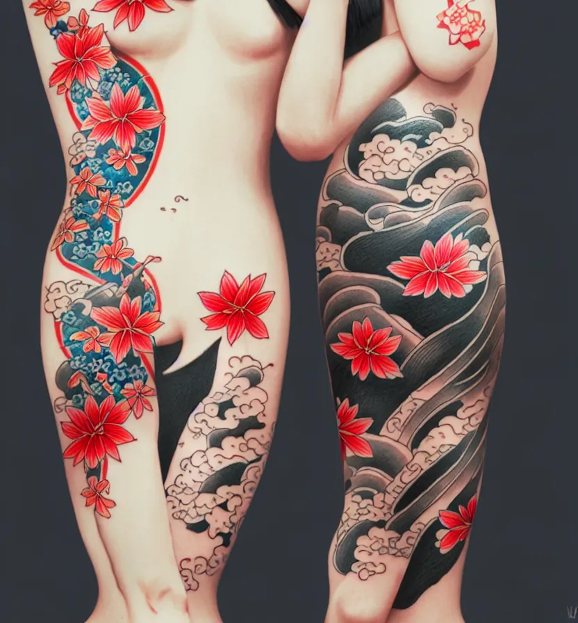 japanese tattoo, koi, woman in kimono, realistic, full