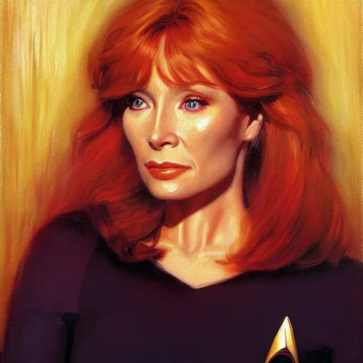 Image similar to a portrait of dr crusher, star trek the next generation. highly detailed painting by gaston bussiere, craig mullins, j. c. leyendecker, furry