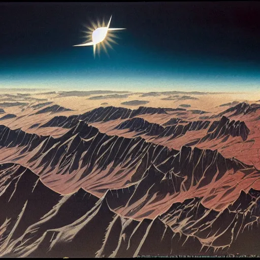 Prompt: dark solar eclipse, above rocky mountains, highly detailed, studio 4 k quality, by chesley bonestell