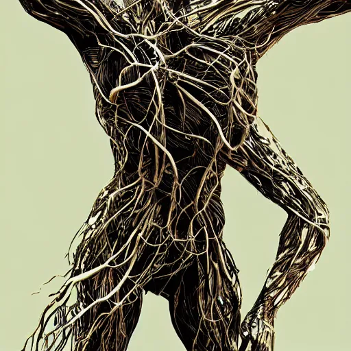 Prompt: digital art, Abstract art, humain body made of roots, intricate roots, trending on artstation, -640