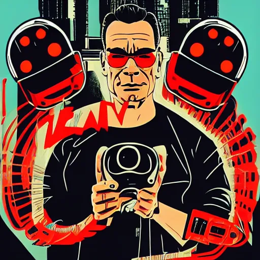 Image similar to Illustrated by Shepard Fairey and H.R. Geiger | Cyberpunk Jean claude van damme with VR helmet, surrounded by cables