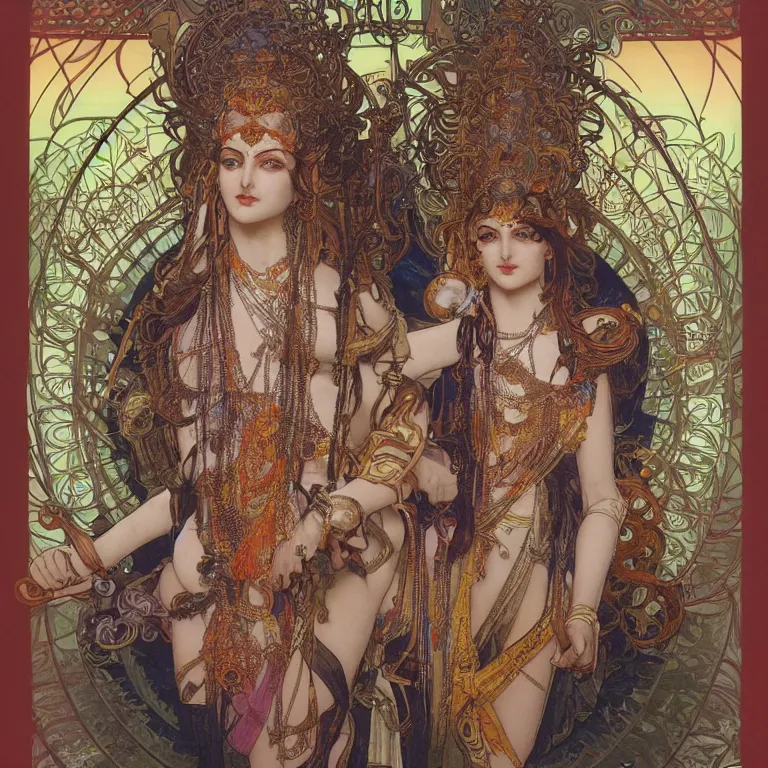 Prompt: realistic cybertronic statue of shiva in hindu temple by alphonse mucha, ayami kojima, amano, greg hildebrandt, and mark brooks, feminine, art nouveau, cyberpunk, neo - gothic, gothic, character concept design