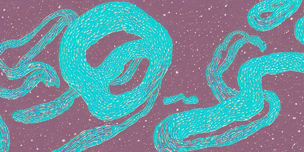 Prompt: an impossible rock formation that looks like a snake under the stars, 1940s faded risograph print, illustration, limited color palette, earthtones, double-exposure, astrophotography