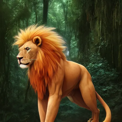 Image similar to aesthetic portrait commission of a of a male fully furry muscular anthro albino lion in orange in attractive outfit made entirely out of forest ferns,digital art,art by greg rutkowski, charles bowater, charlie bowater, ross tran, artgerm, and makoto shinkai, detailed face, hyperdetailed, photorealistic, artstation, deviantart, 4k, detailed, inked, western comic book art, award winning painting ,high definition