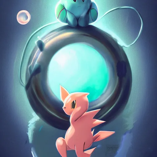 Image similar to cinematic portrait of Mew Pokemon riding large blue bubble, masterpiece, trending on artstation, featured on pixiv, cinematic composition, beautiful lighting, sharp, details, hyper-detailed award winning photography, HD, HDR, 4K, 8K