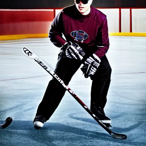 Prompt: picture of elon musk wearing sunglasses playing hockey, good lighted photo, sharp details, detailed, hd, hdr