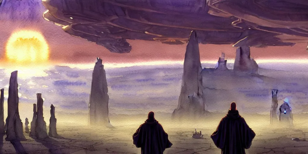 Image similar to a hyperrealist watercolor concept art of a giant alien ship from independence day on the horizon of a futuristic city in stonehenge. a medieval monk in grey robes is in the foreground. golden hour. very muted colors, by rebecca guay, michael kaluta, charles vess. high detail, hq, wide shot, 4 k