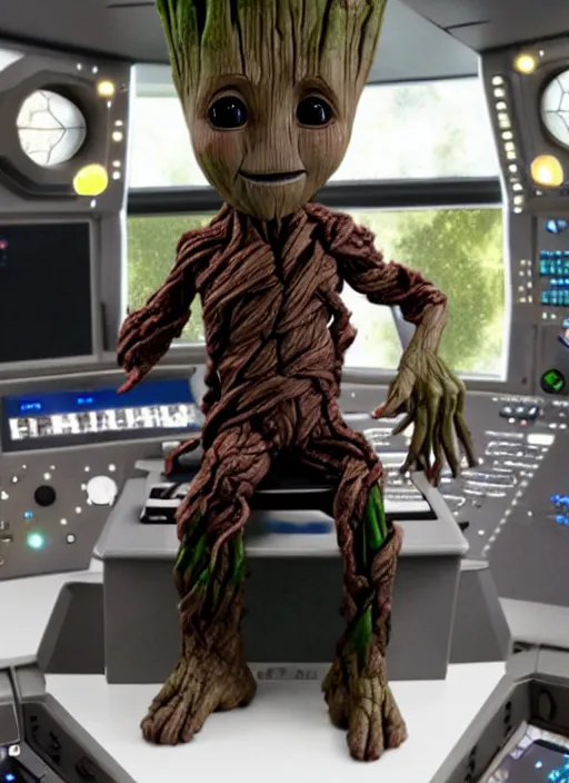 Image similar to baby groot sitting in the captains chair of the uss enterprise, photo realistic