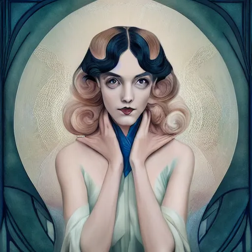 Image similar to an art nouveau, ( streamline moderne ), multi - racial portrait in the style of anna dittmann and charlie bowater and loish. very large, clear, expressive, and intelligent eyes. symmetrical, centered, ultrasharp focus, dramatic lighting, photorealistic digital matte painting, intricate ultra detailed background.