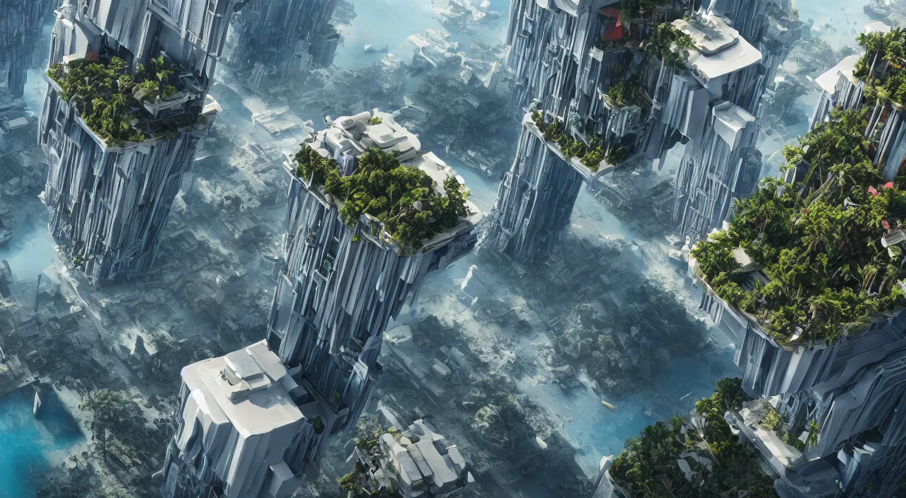 Image similar to a matte painting of high - tech floating city earthquake, concept art, gravels around, coconut palms, weightlessness, reverse, by yang qi, romain jouandeau, quy ho, karol bak, beeple, 4 k, unreal engine, vray render, artstation