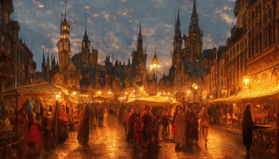 Image similar to medieval city festival near lake at night, beautiful lit lamps, 8 k highly detailed art, intricate, stanley lau, artgerm, artstation, smooth, far shot, wlop, alphonse mucha, cinematic shot, cinematic lighting