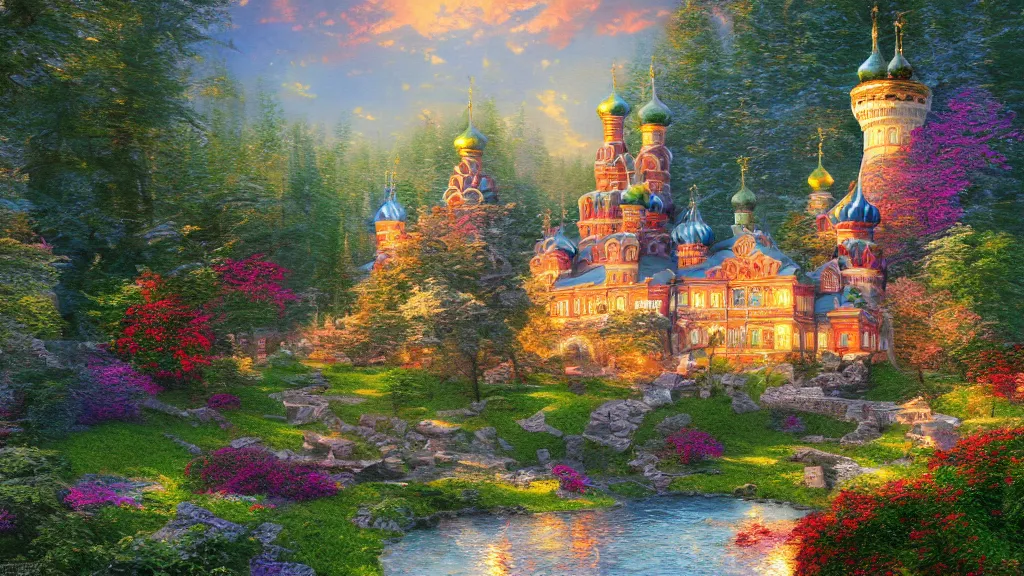 Prompt: beautiful russian castle in the woods, illustration by thomas kinkade, colorful, matte painting 3 - d 4 kcreative design 8 k digital art