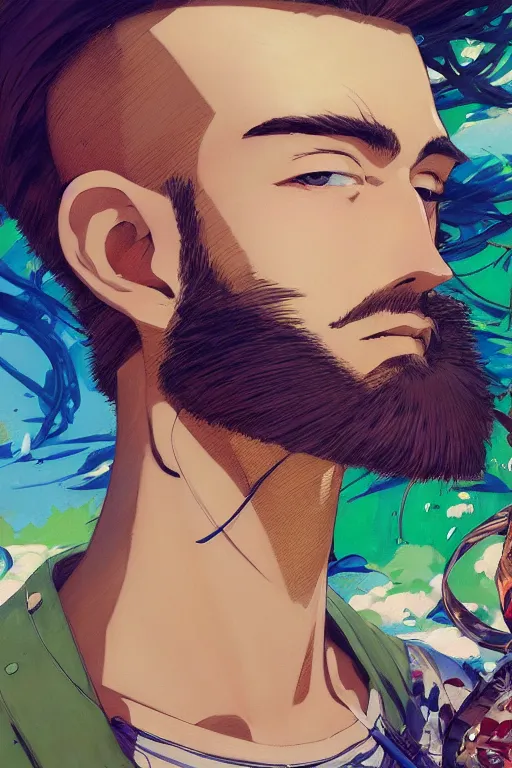 Prompt: beautiful anime of bold head with short beard and green eyes, by sherree valentine daines, peter mohrbacher, alice neel, donato giancola, mike winkelmann, laurie greasley. trending on artstation, 8 k, masterpiece, graffiti, fine detail, full of color, intricate detail, golden ratio illustration, face detail