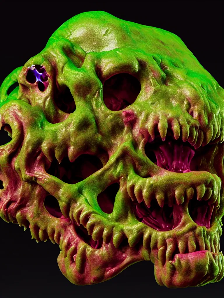 Image similar to hyperrealistic subsurface scattering rendering, fat smooth wet cronenberg flesh monster smooth skulls and ribcages kaiju by art of skinner and richard corben and jeff easley, product photography, action figure, sofubi, studio lighting, colored gels