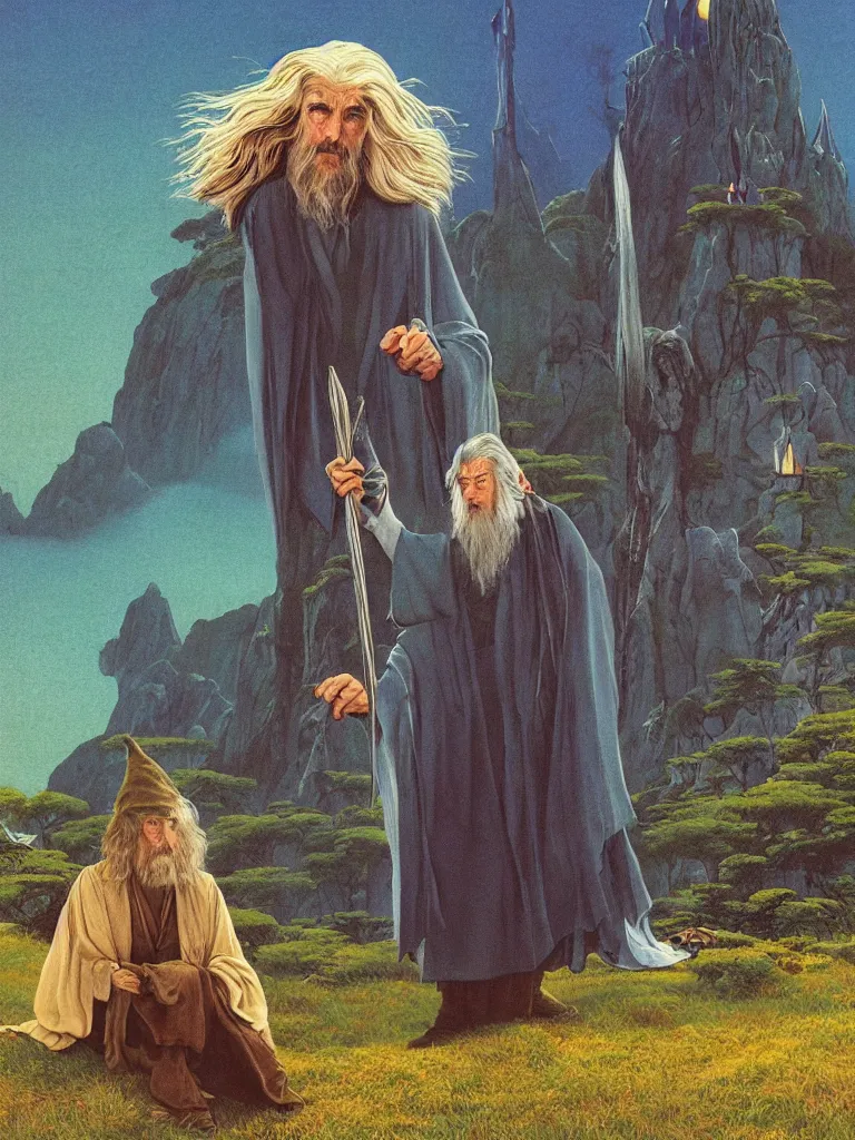 Prompt: an image of george harrison as gandalf from the lord of the rings, taking mind altering drugs, dreaming psychedelic hallucinations in the vast rivendell landscape, by kawase hasui, moebius, edward hopper, colorful flat surreal design, dramatic lighting, hd, 8 k, artstation